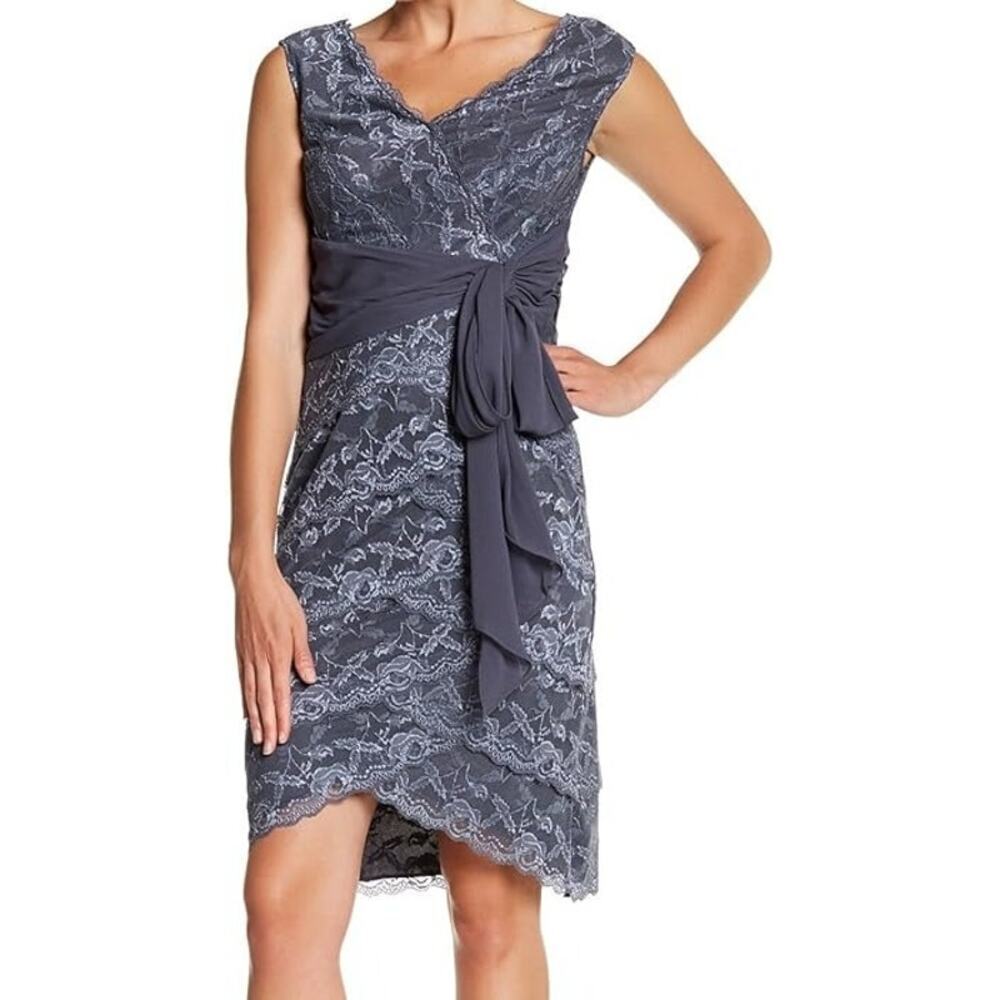Marina Sheath Multi Tiered Lace Dress Sleeveless Gray Size 10 NWT